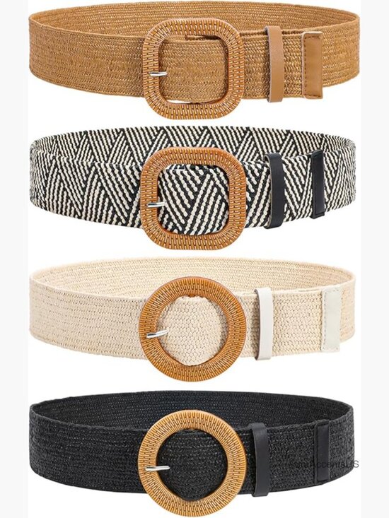4 Pack Straw Woven Elastic Stretch Waist Belts for Women Boho Braided